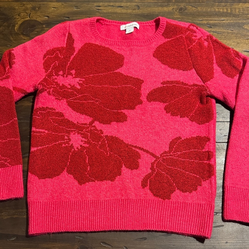 Liz Claiborne Red and Pink Floral Crewneck Sweater